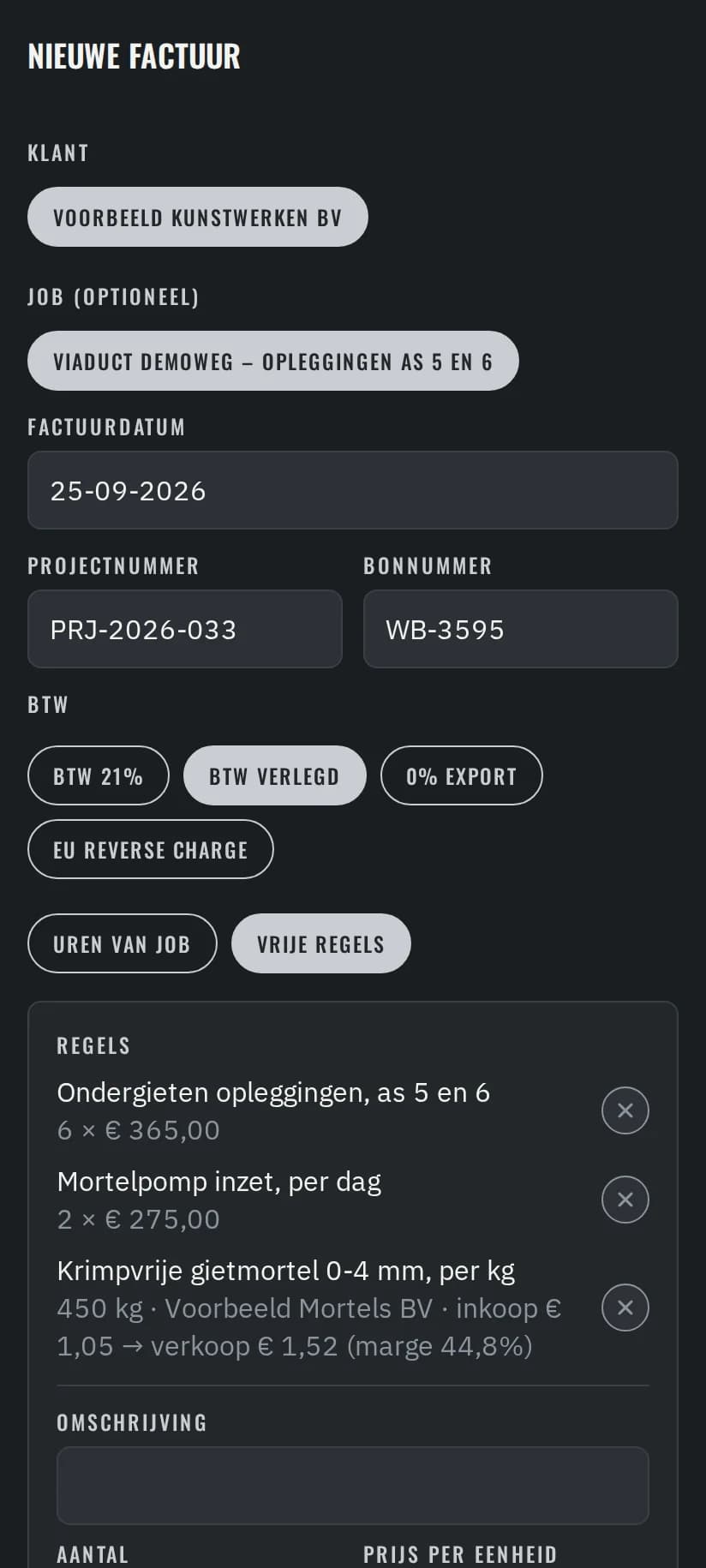 A new invoice in the Bajgora app: the client's project number, werkbon number and reverse-charge VAT (demo data)