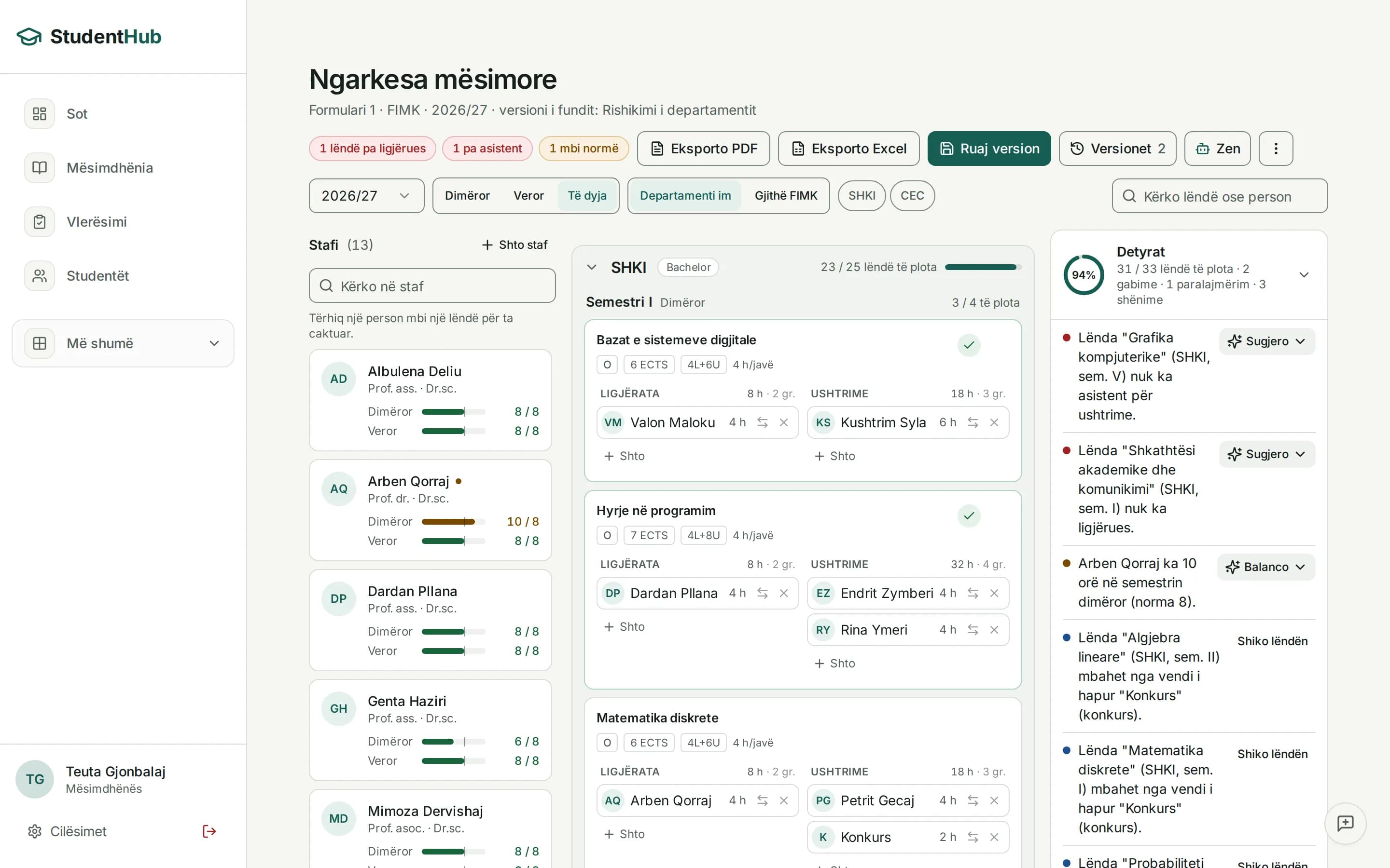Student Hub's teaching-allocation board: subjects, staff and hours for a department (demo data)