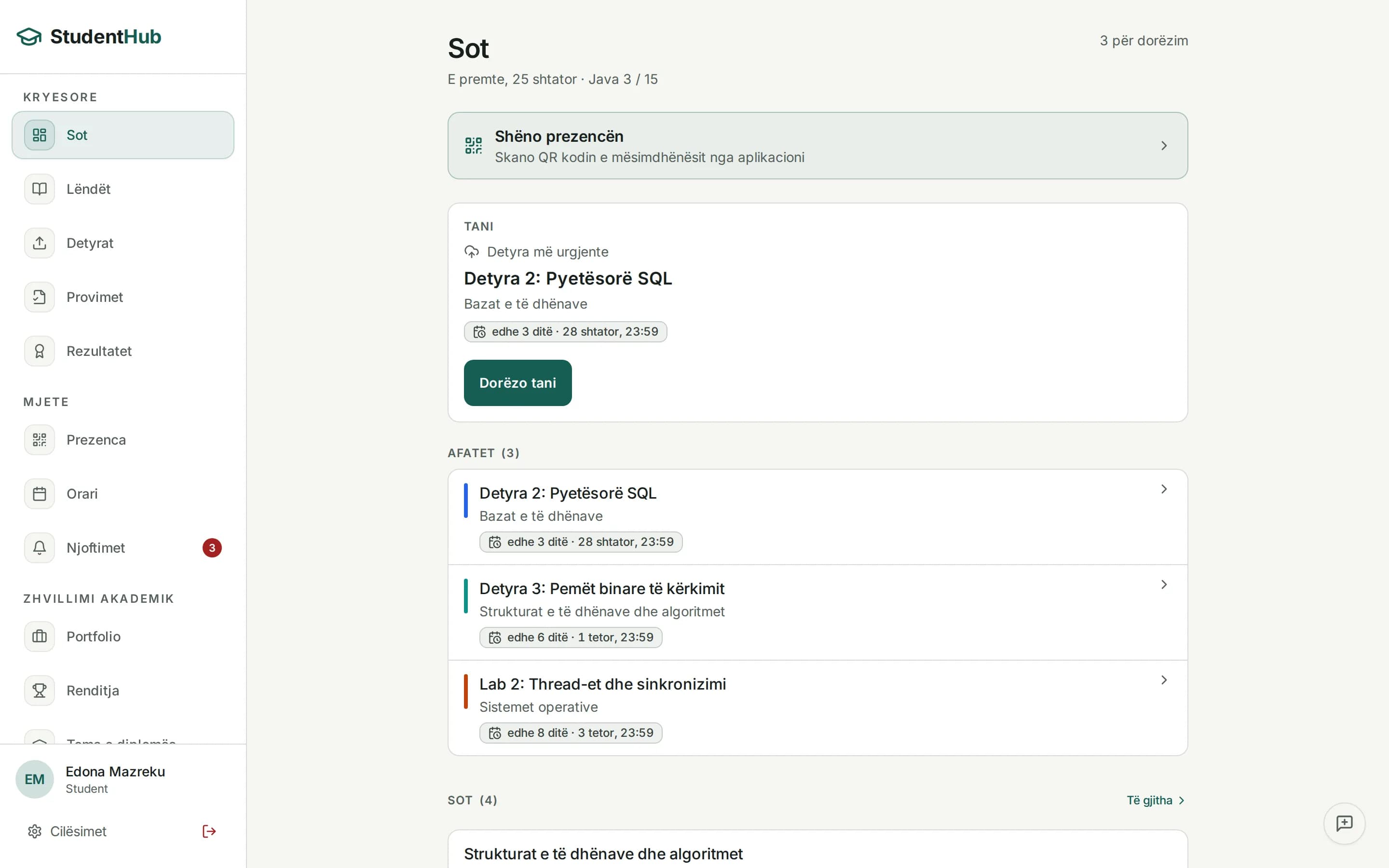 The student's view: the most urgent assignment and upcoming deadlines (demo data)