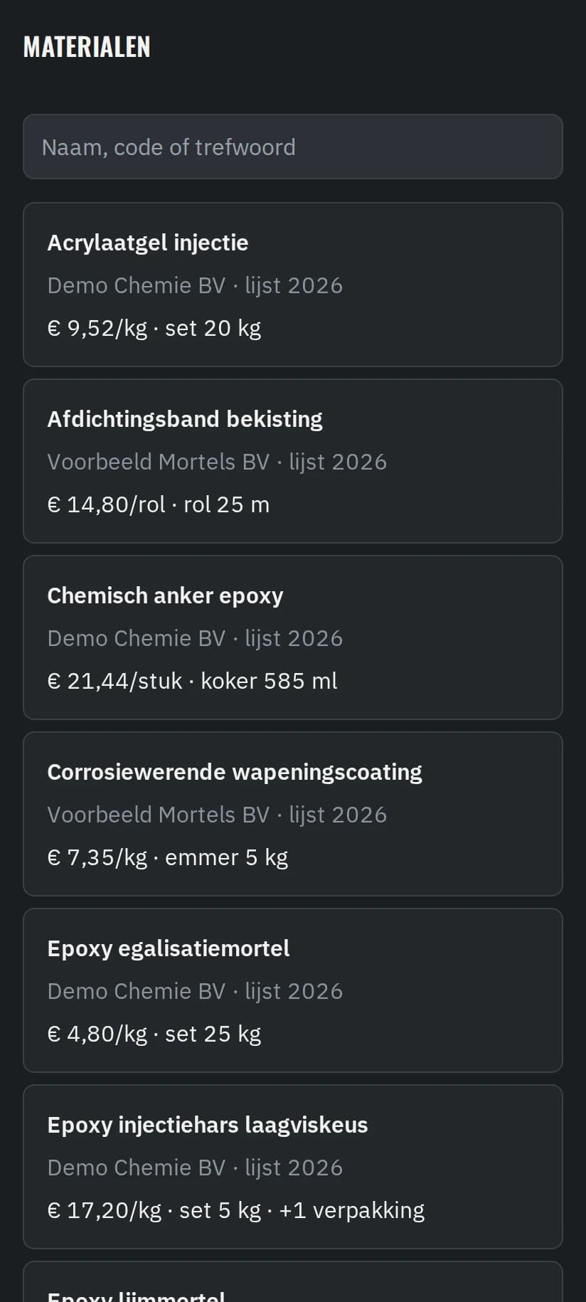 The materials list built from supplier price lists (demo data)